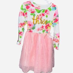 Floral Pink Tulle Dress with Gold 'Three' Print